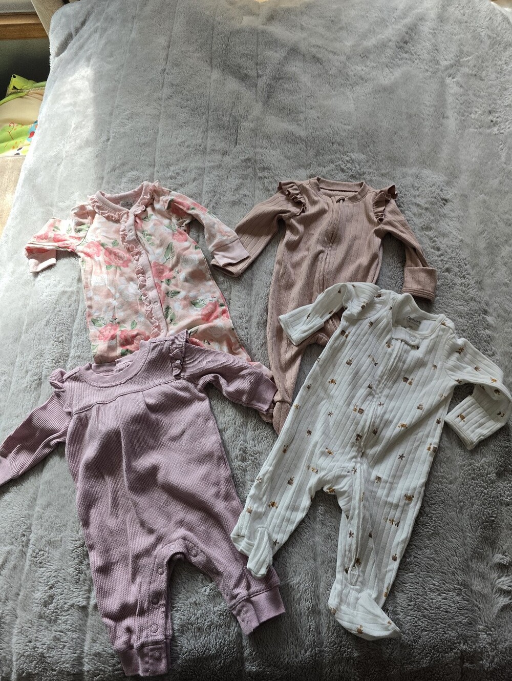 Baby Girl Neutral & Pink Long Sleeve Footed Rompers - Set of 4